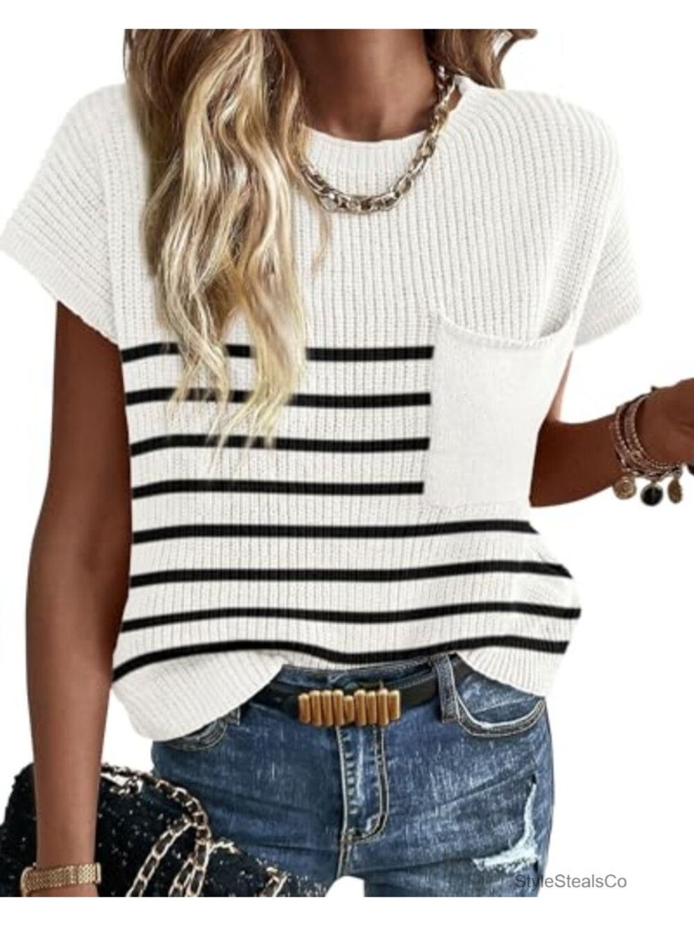 KIRUNDO Women's Short Sleeve Sweater Crochet Knit Top